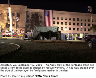 Pentagon Crash Site with Flag on Building